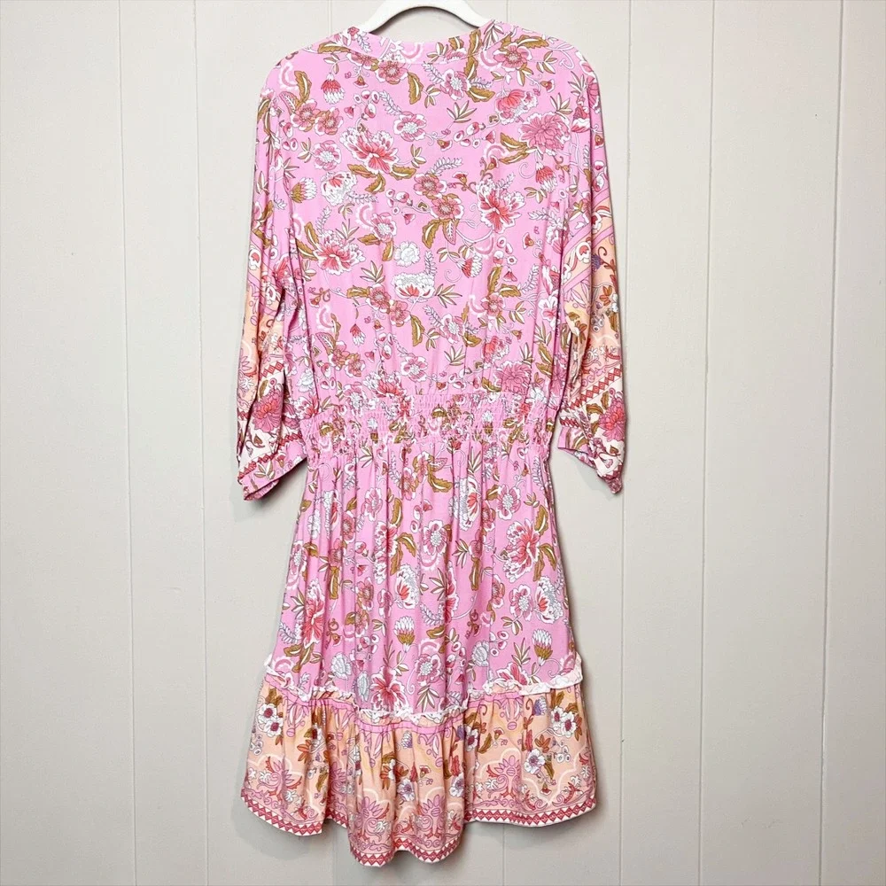 Walker & Wade Kelsey Mini Dress Medium Pink Floral Smocked Waist Beach Coverup